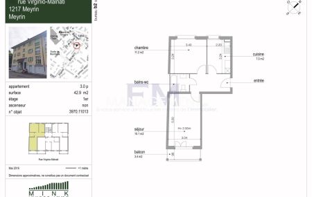 Meyrin - Rue Virginio-Malnati - 3 pièces au 1er étage, d'env 43m2