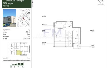 Meyrin - Avenue de Vaudagne 35 - 3 pièces au 5ème étage , env 42m2