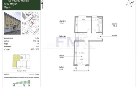 Meyrin - Rue Virginio-Malnati - 3 pièces au 1er étage, env. 43m2