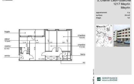 Charmant appartement de 4 pièces de 64m2, disposé comme suit: hall d'entrée distribuant sur deux chambres, une cuisine agencée et équipée, une salle-de-bains avec baignoire, WC séparés. Le salon donne sur un spacieux balcon. Une place de parking complète