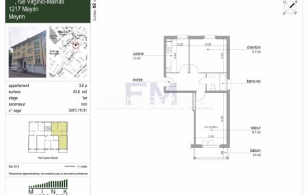 Meyrin - Rue Virginio-Malnati - 3 pièces au 1er étage, d'env 43m2