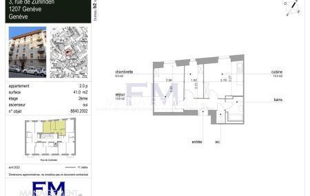 Eaux-Vives - Rue Zurlinden - 2 pièces au 2ème étage, env. 41m2