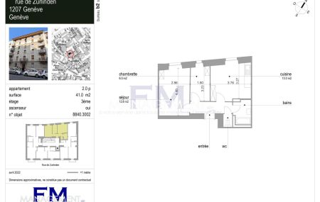 Eaux-Vives, Zurlinden ,2 pièces 2ème étage, env. 41m2