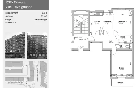 Appartement de 3.5 pièces d'environ 66 m2 au 3ème étage avec balcon.