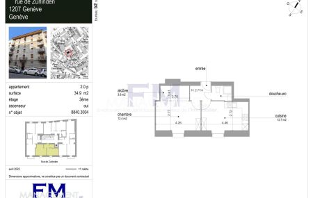 Eaux-Vives - Rue Zurlinden - 2 pièces au 3ème étage, env 35m2